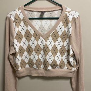 Shein Argyle Long Sleeve Crop Top Size Large